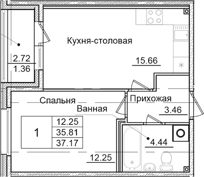 1-комнатная квартира 37.17 м², 2/9 эт., ЖК «Квартал Заречье»